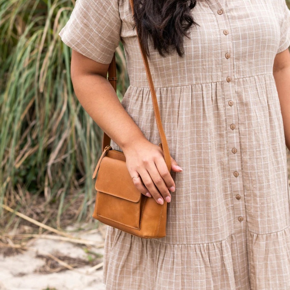Able Button Down Dress- Beige and White Checkered Pattern XS